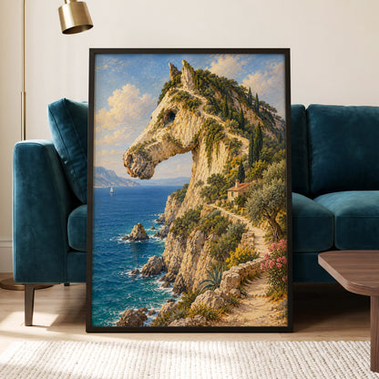 Where Cliffs Become Horses, blue, beige, green nature wall art displayed in a styled interior, gallery view 4