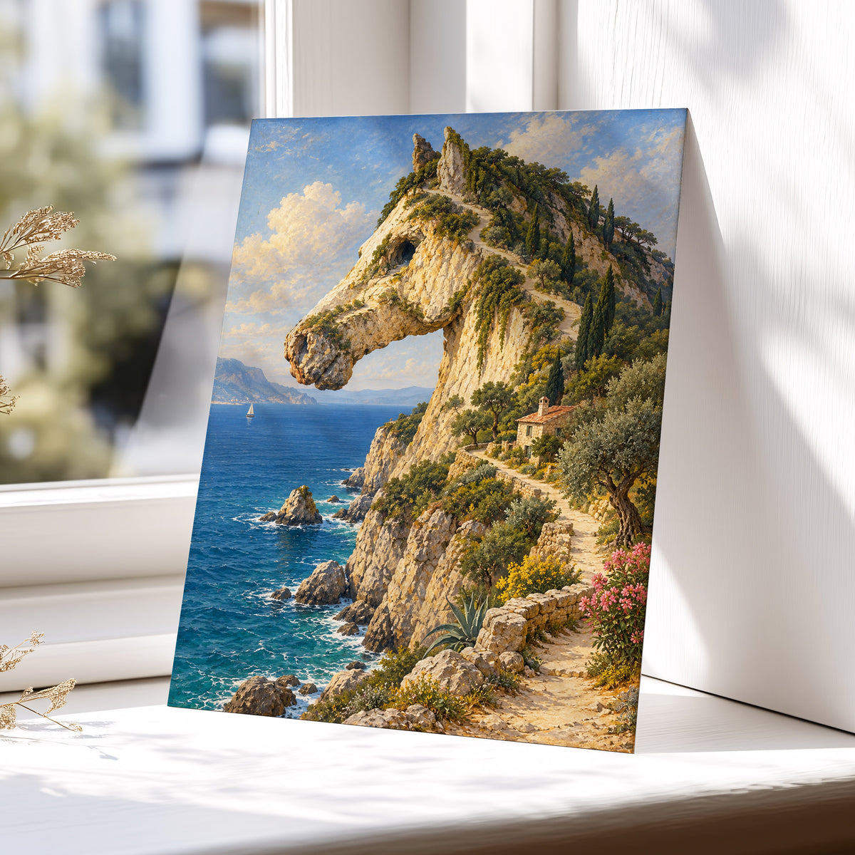 Where Cliffs Become Horses, blue, beige, green nature wall art displayed in a styled interior, gallery view 5