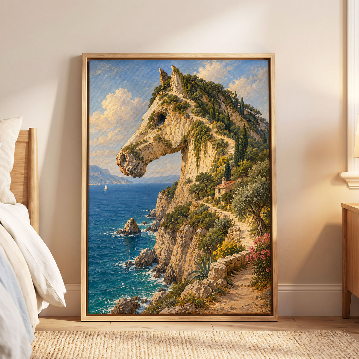Where Cliffs Become Horses, blue, beige, green nature wall art displayed in a styled interior, gallery view 6