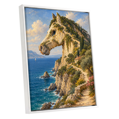 Where Cliffs Become Horses, blue, beige, green nature wall art shown as a white framed canvas wall art