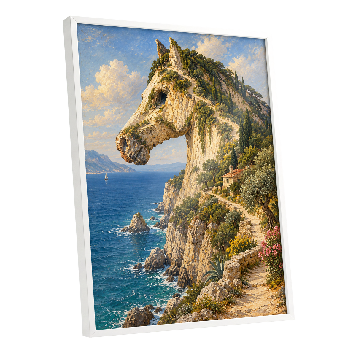 Where Cliffs Become Horses, blue, beige, green nature wall art shown as a white framed poster wall art print