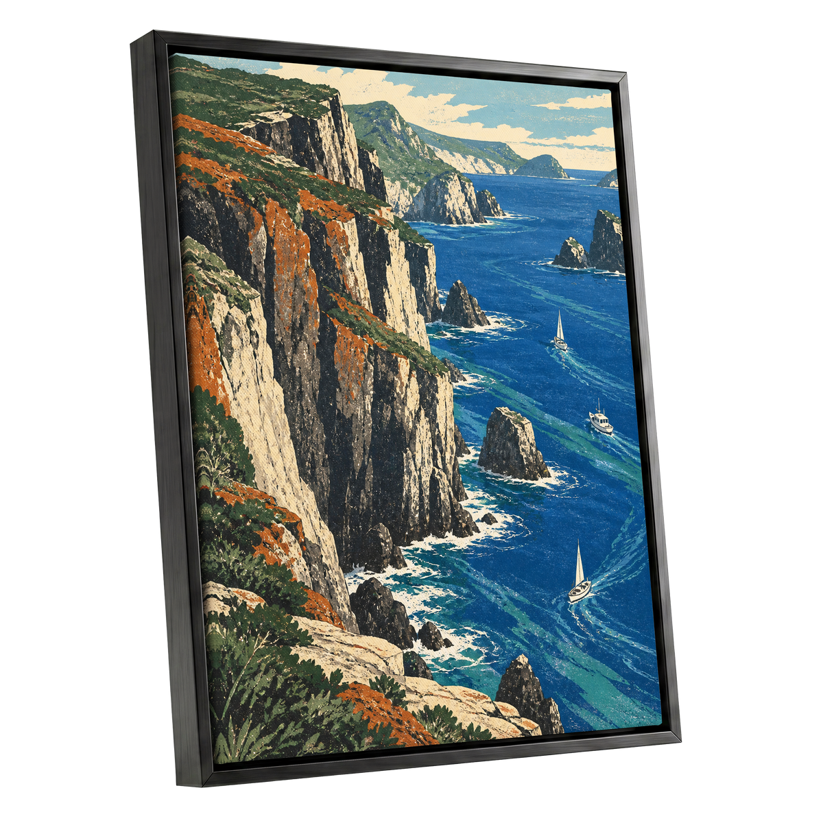 Where Cliffs Meet Blue, blue, green, beige nature wall art shown as a black framed canvas wall art