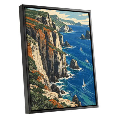 Where Cliffs Meet Blue, blue, green, beige nature wall art shown as a black framed canvas wall art