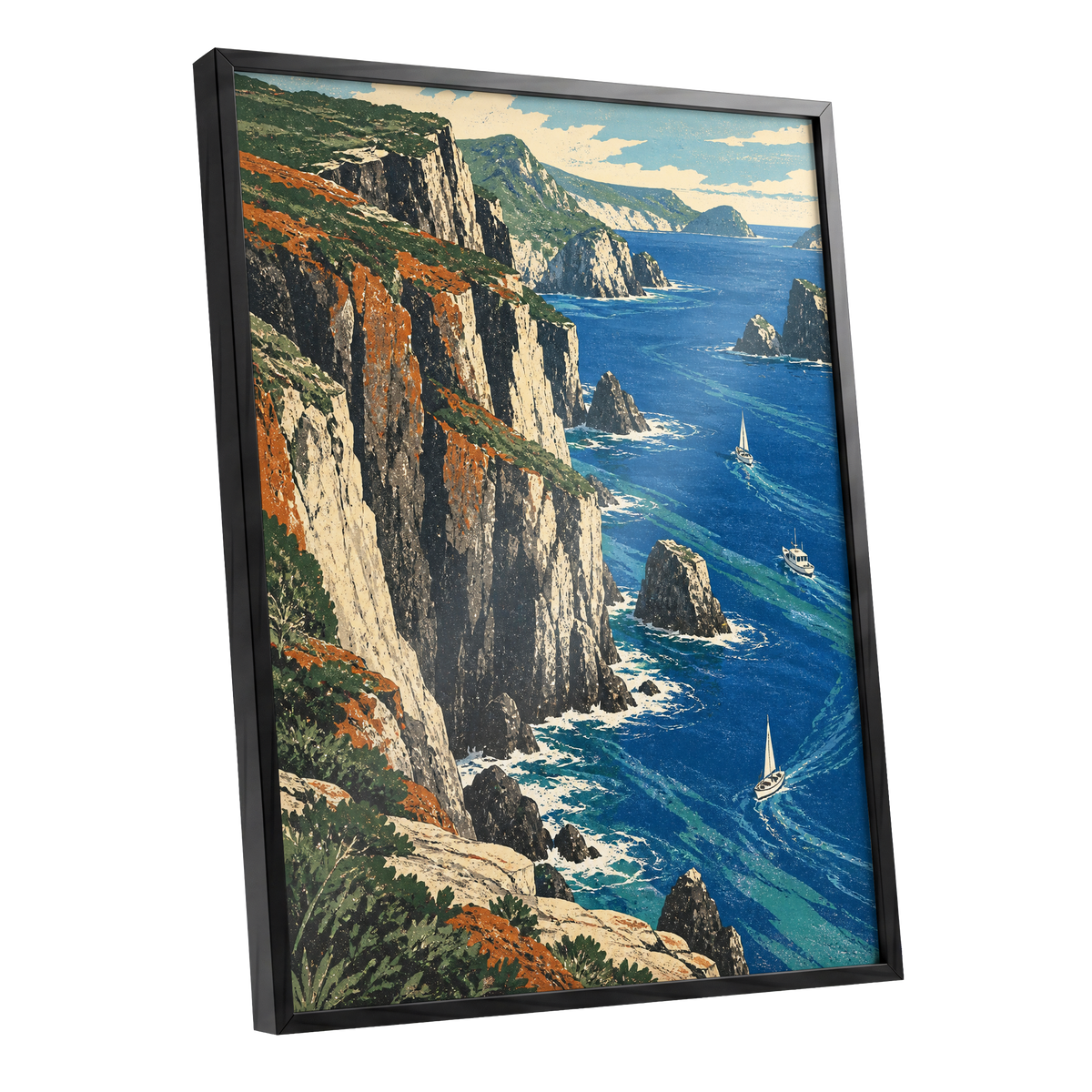 Where Cliffs Meet Blue, blue, green, beige nature wall art shown as a black framed poster wall art print