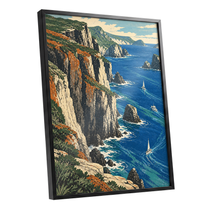 Where Cliffs Meet Blue, blue, green, beige nature wall art shown as a black framed poster wall art print