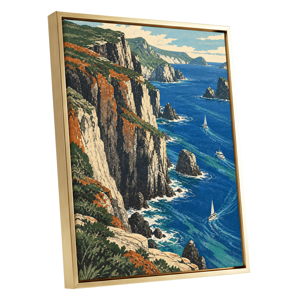 Where Cliffs Meet Blue, blue, green, beige nature wall art shown as a gold framed canvas wall art