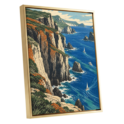 Where Cliffs Meet Blue, blue, green, beige nature wall art shown as a gold framed canvas wall art