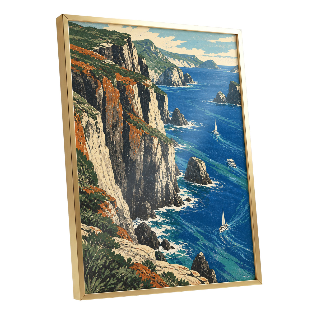 Where Cliffs Meet Blue, blue, green, beige nature wall art shown as a gold framed poster wall art print