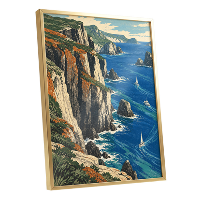 Where Cliffs Meet Blue, blue, green, beige nature wall art shown as a gold framed poster wall art print