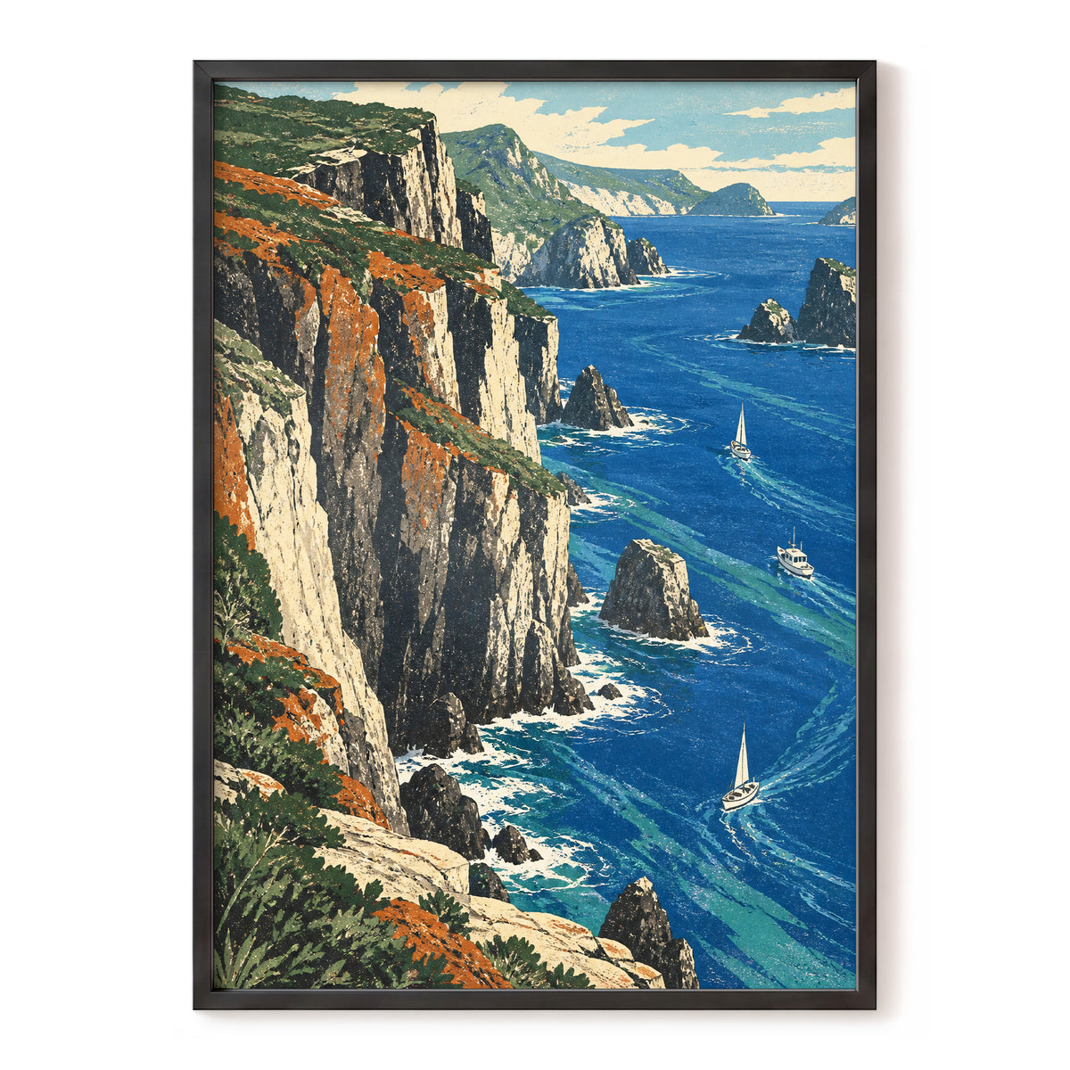 Where Cliffs Meet Blue, blue, green, beige nature wall art, front artwork view