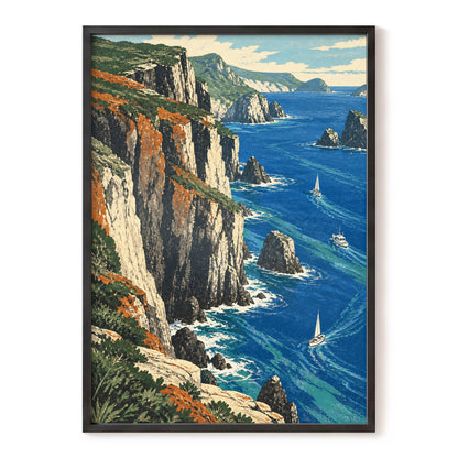 Where Cliffs Meet Blue, blue, green, beige nature wall art, front artwork view
