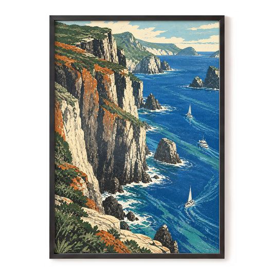 Where Cliffs Meet Blue, blue, green, beige nature wall art, front artwork view
