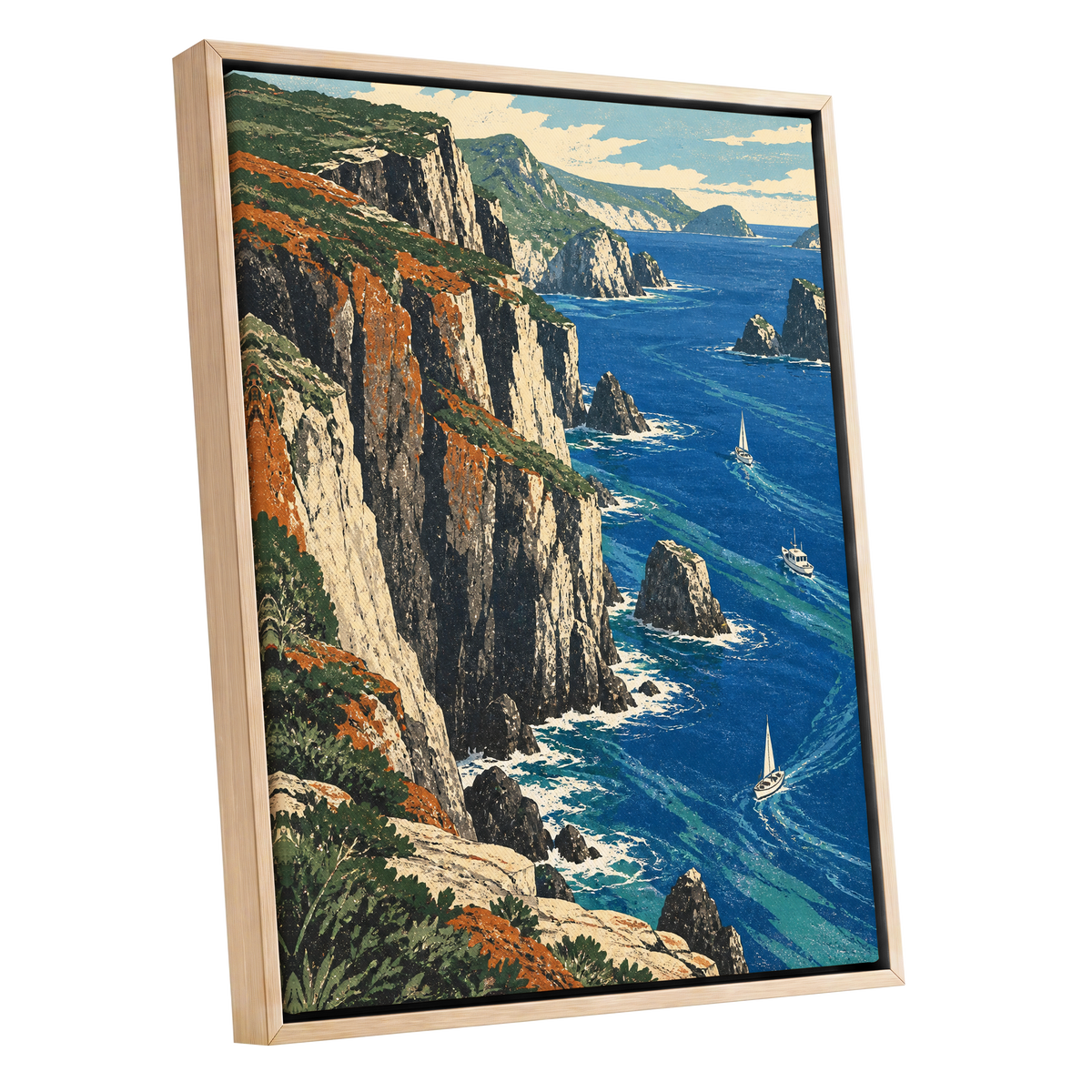 Where Cliffs Meet Blue, blue, green, beige nature wall art shown as a oak framed canvas wall art