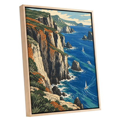 Where Cliffs Meet Blue, blue, green, beige nature wall art shown as a oak framed canvas wall art
