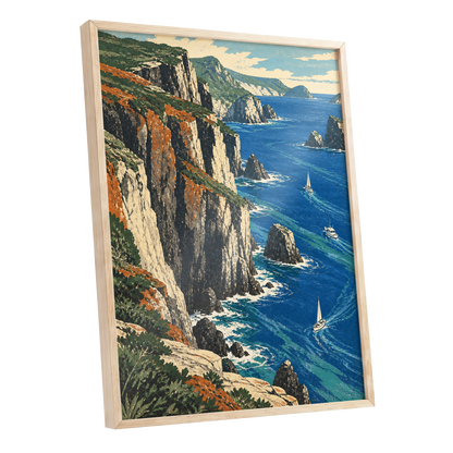 Where Cliffs Meet Blue, blue, green, beige nature wall art shown as a oak framed poster wall art print