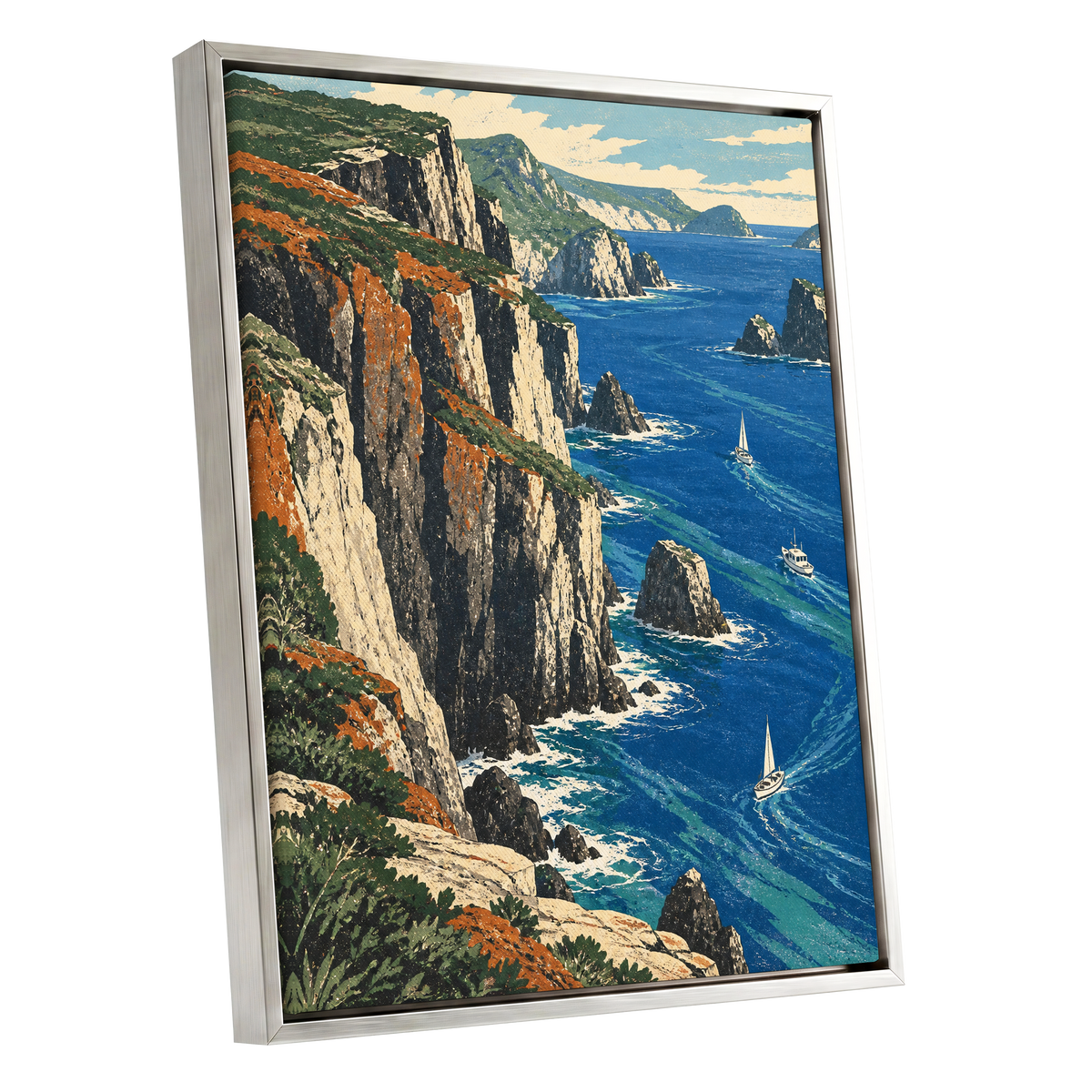 Where Cliffs Meet Blue, blue, green, beige nature wall art shown as a silver framed canvas wall art