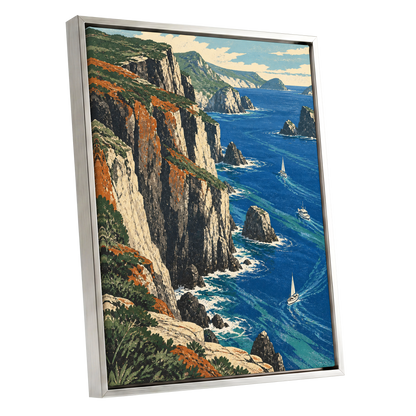 Where Cliffs Meet Blue, blue, green, beige nature wall art shown as a silver framed canvas wall art