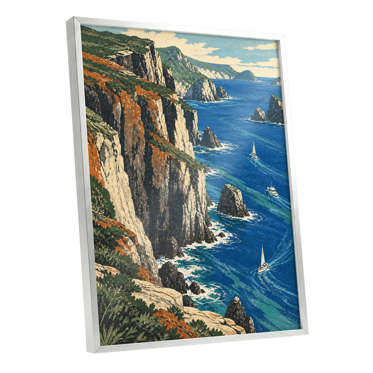 Where Cliffs Meet Blue, blue, green, beige nature wall art shown as a silver framed poster wall art print