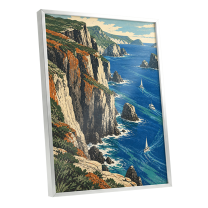 Where Cliffs Meet Blue, blue, green, beige nature wall art shown as a silver framed poster wall art print