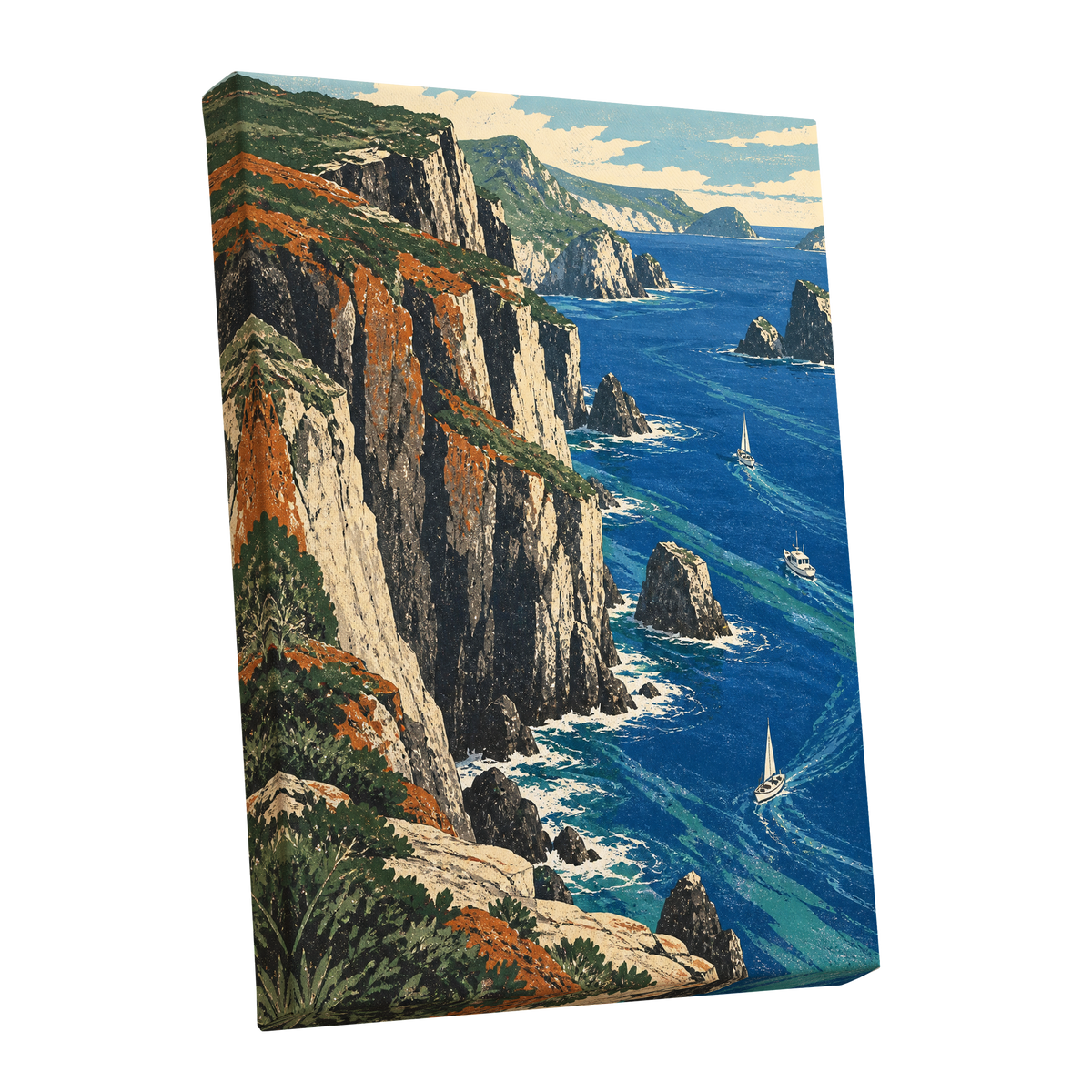 Where Cliffs Meet Blue, blue, green, beige nature wall art shown as a stretched canvas wall art