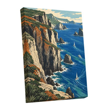 Where Cliffs Meet Blue, blue, green, beige nature wall art shown as a stretched canvas wall art