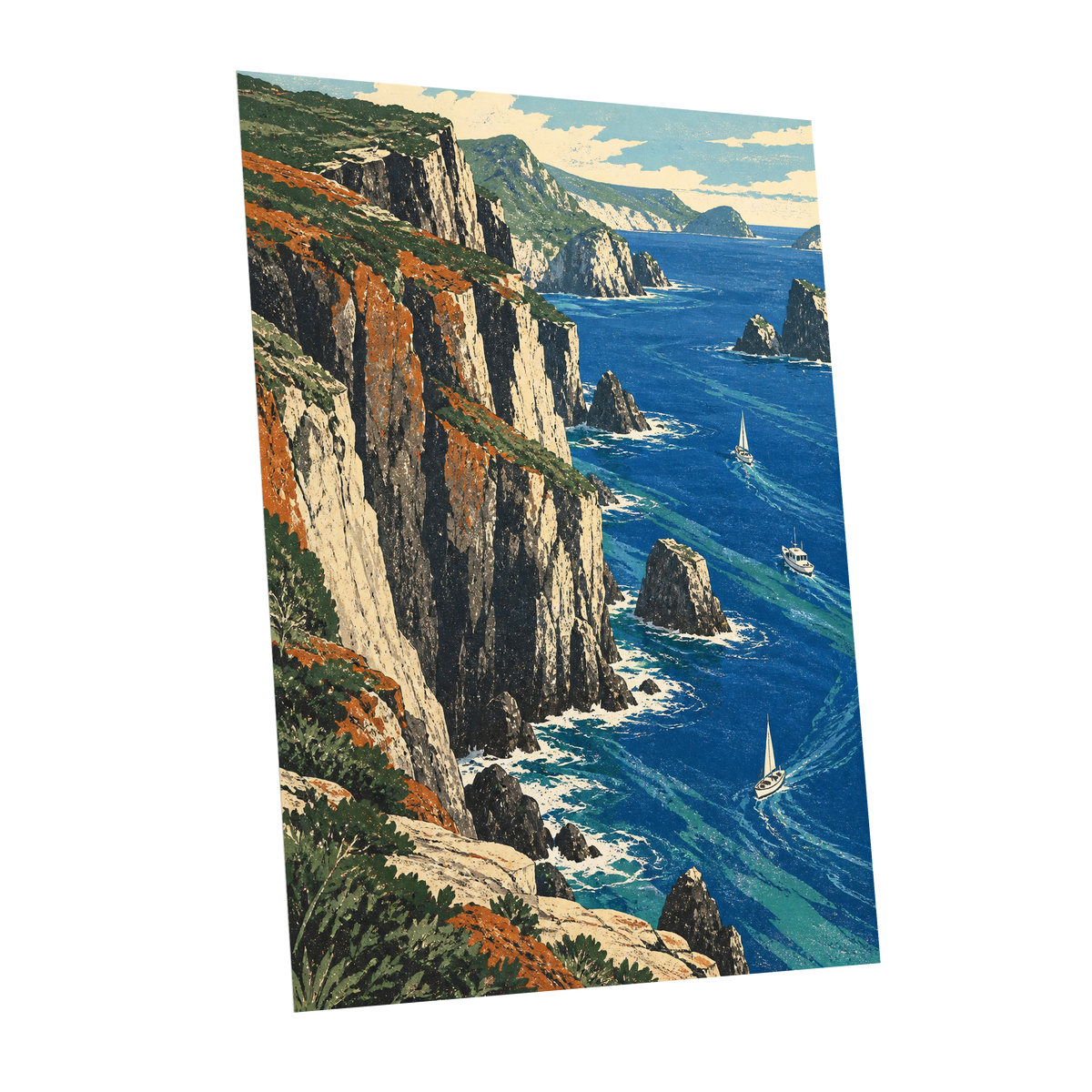 Where Cliffs Meet Blue, blue, green, beige nature wall art shown as a unframed poster wall art print
