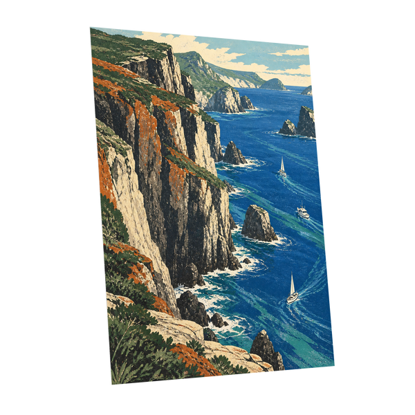 Where Cliffs Meet Blue, blue, green, beige nature wall art shown as a unframed poster wall art print