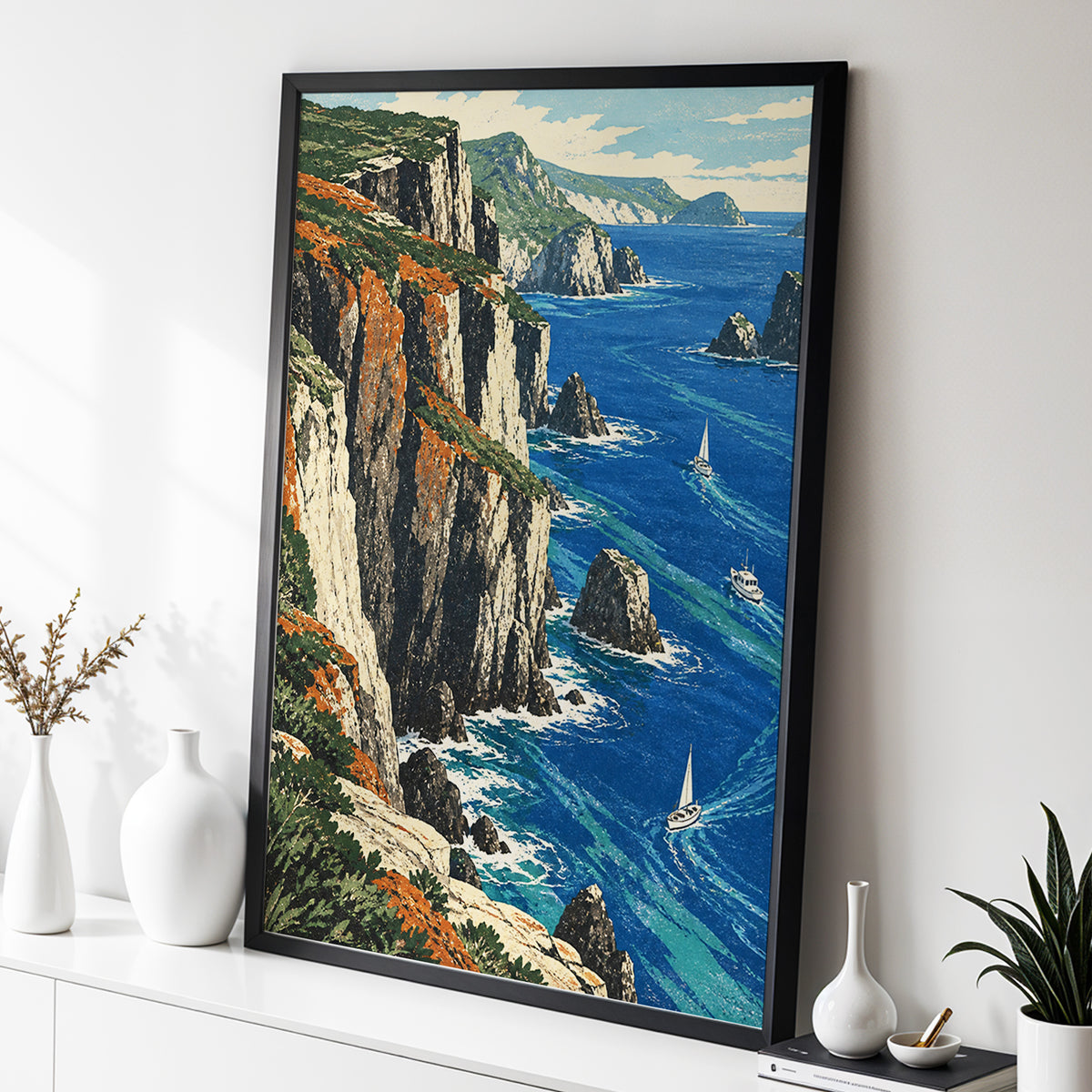 Where Cliffs Meet Blue, blue, green, beige nature wall art displayed in a styled interior, gallery view 2