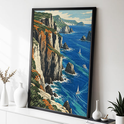 Where Cliffs Meet Blue, blue, green, beige nature wall art displayed in a styled interior, gallery view 2