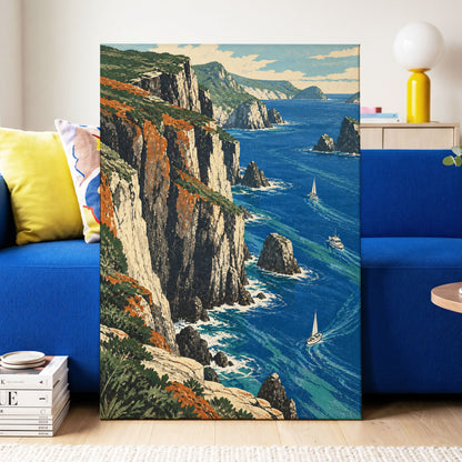Where Cliffs Meet Blue, blue, green, beige nature wall art displayed in a styled interior, gallery view 3