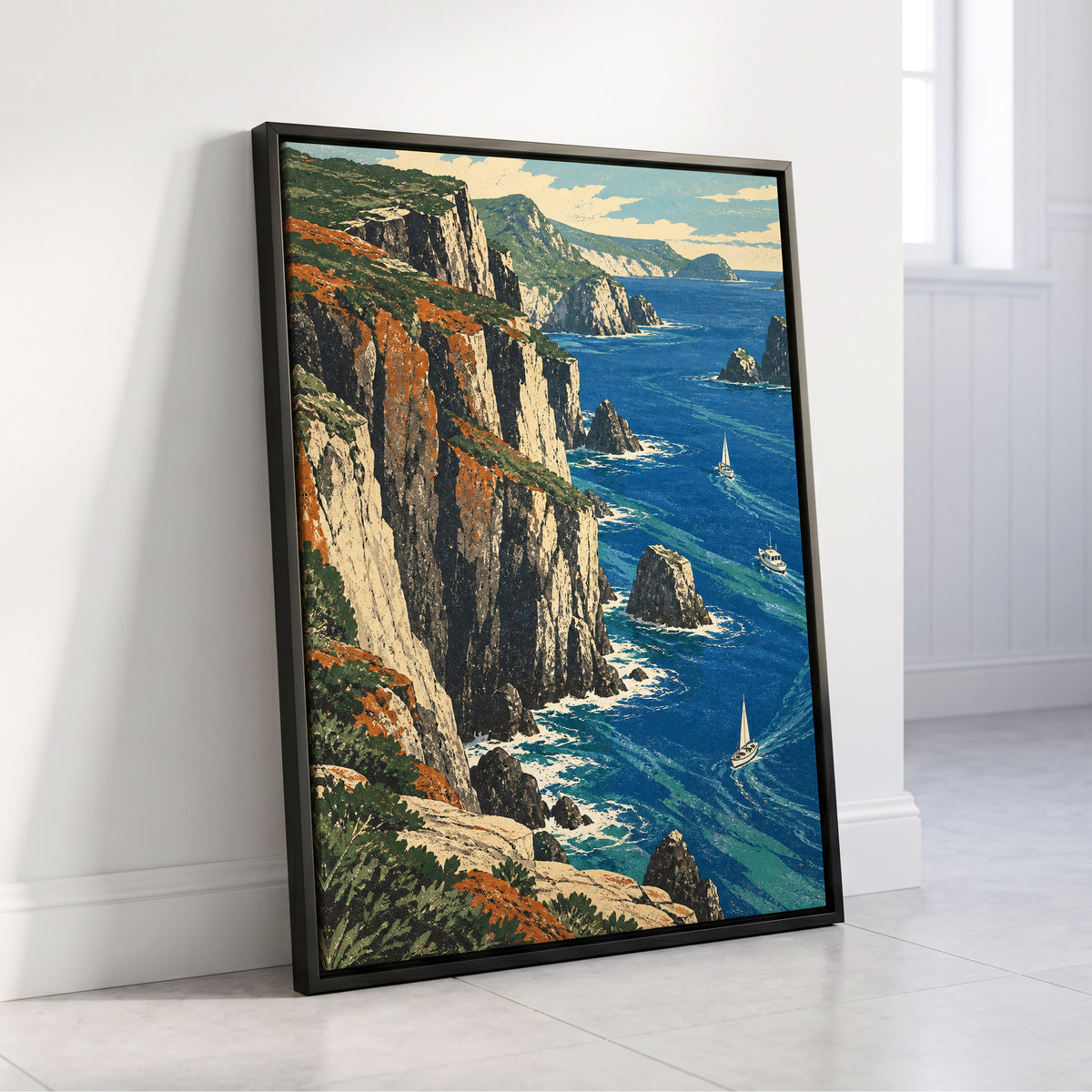 Where Cliffs Meet Blue, blue, green, beige nature wall art displayed in a styled interior, gallery view 4