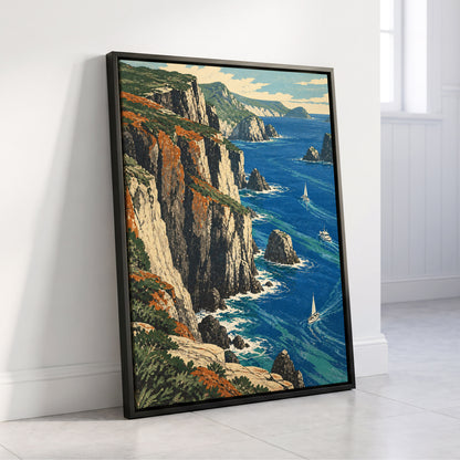 Where Cliffs Meet Blue, blue, green, beige nature wall art displayed in a styled interior, gallery view 4