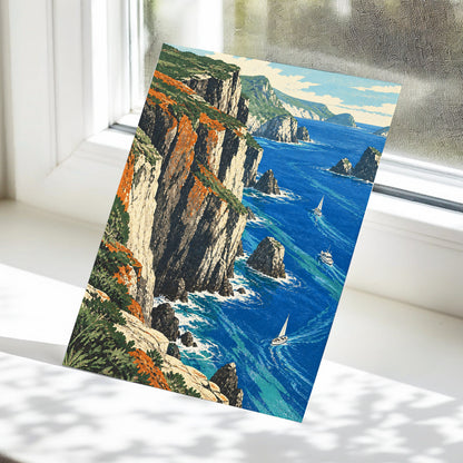 Where Cliffs Meet Blue, blue, green, beige nature wall art displayed in a styled interior, gallery view 5