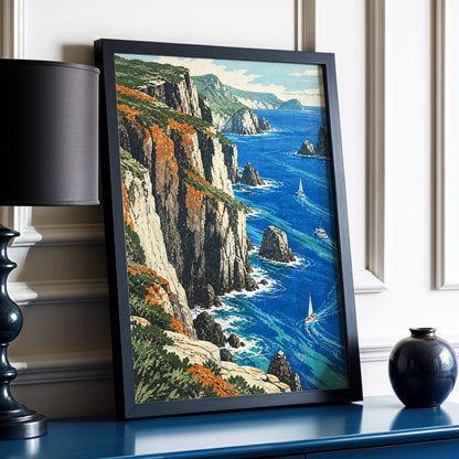 Where Cliffs Meet Blue, blue, green, beige nature wall art displayed in a styled interior, gallery view 6