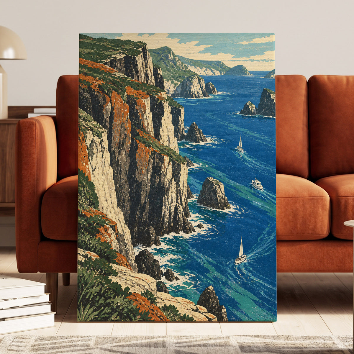 Where Cliffs Meet Blue, blue, green, beige nature wall art displayed in a styled interior, gallery view 7