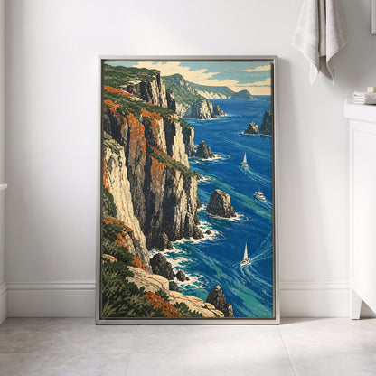 Where Cliffs Meet Blue, blue, green, beige nature wall art displayed in a styled interior, gallery view 8