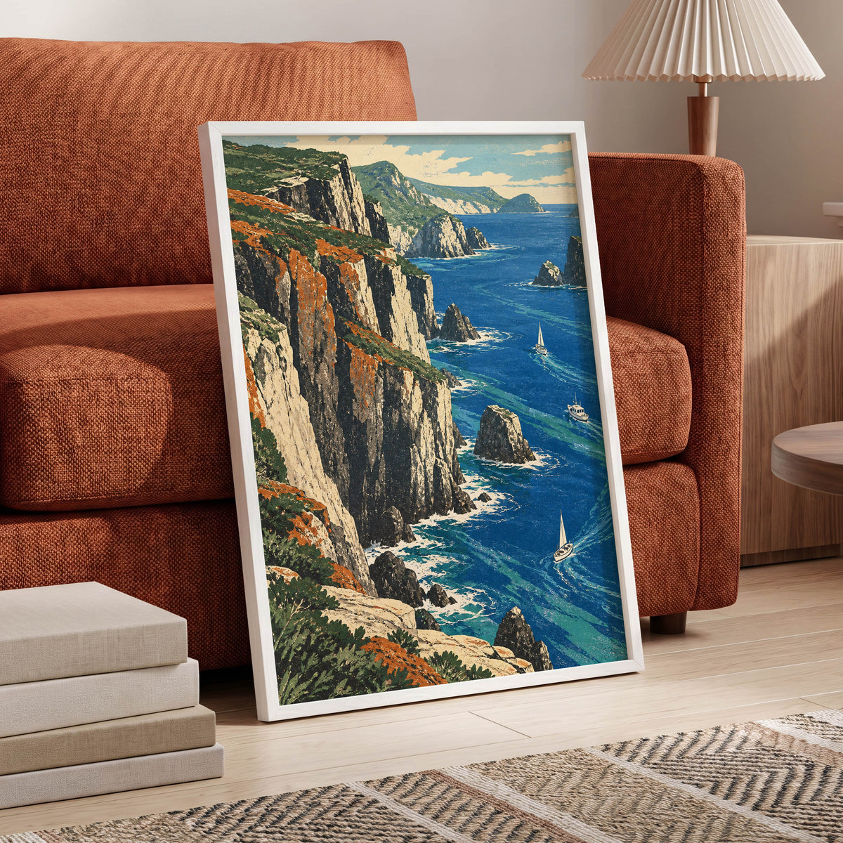 Where Cliffs Meet Blue, blue, green, beige nature wall art displayed in a styled interior, gallery view 9