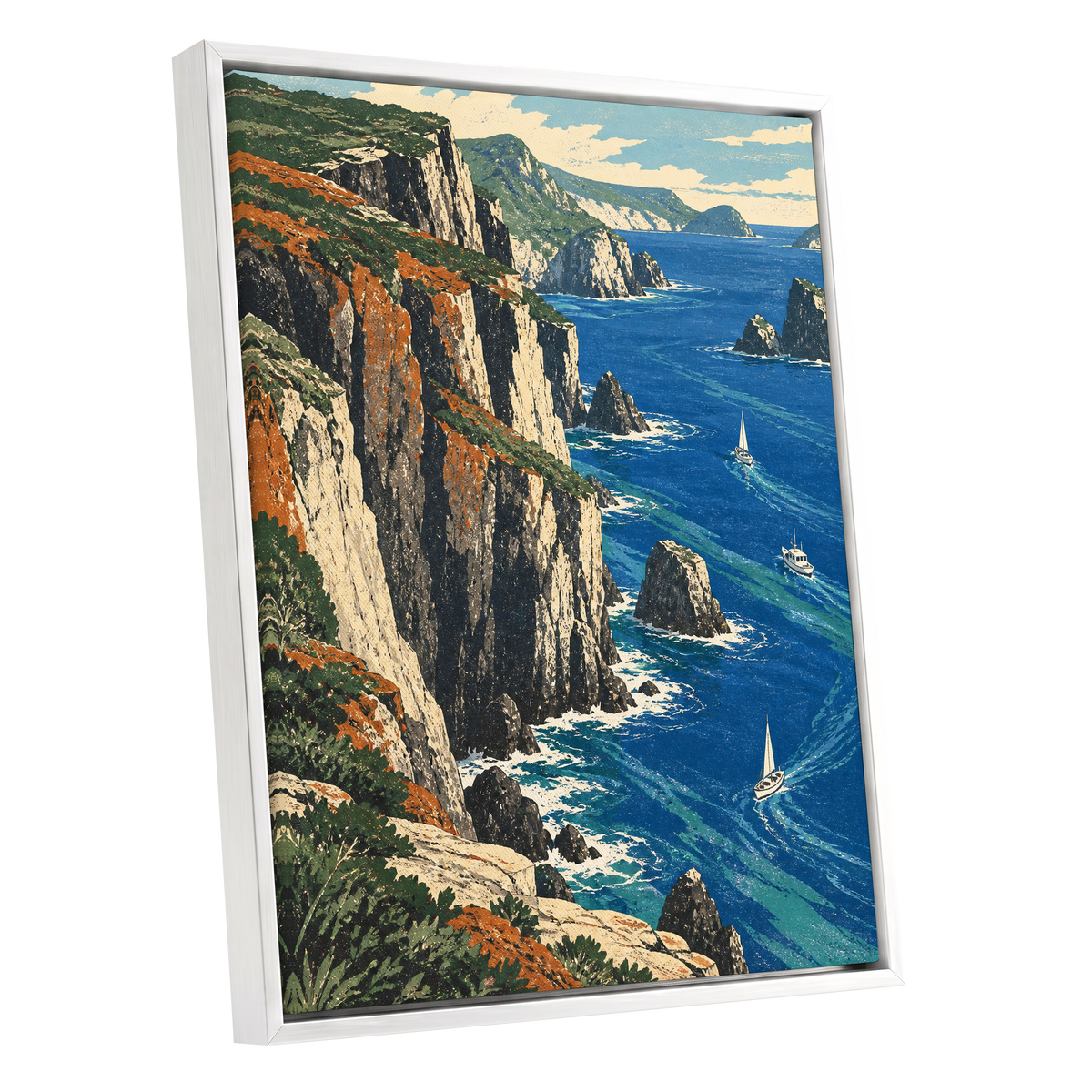 Where Cliffs Meet Blue, blue, green, beige nature wall art shown as a white framed canvas wall art