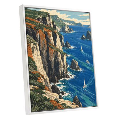 Where Cliffs Meet Blue, blue, green, beige nature wall art shown as a white framed canvas wall art