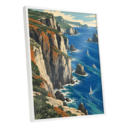 Where Cliffs Meet Blue, blue, green, beige nature wall art shown as a white framed poster wall art print