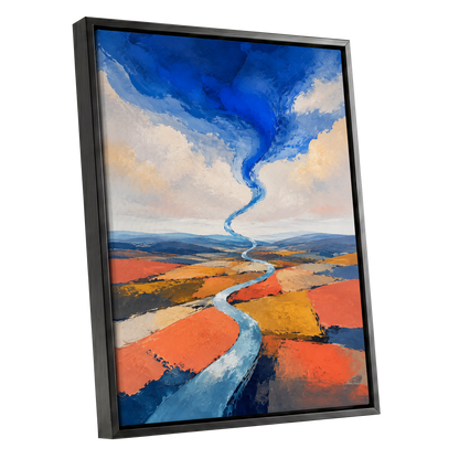 Where River Meets Sky, blue, orange, beige nature wall art shown as a black framed canvas wall art