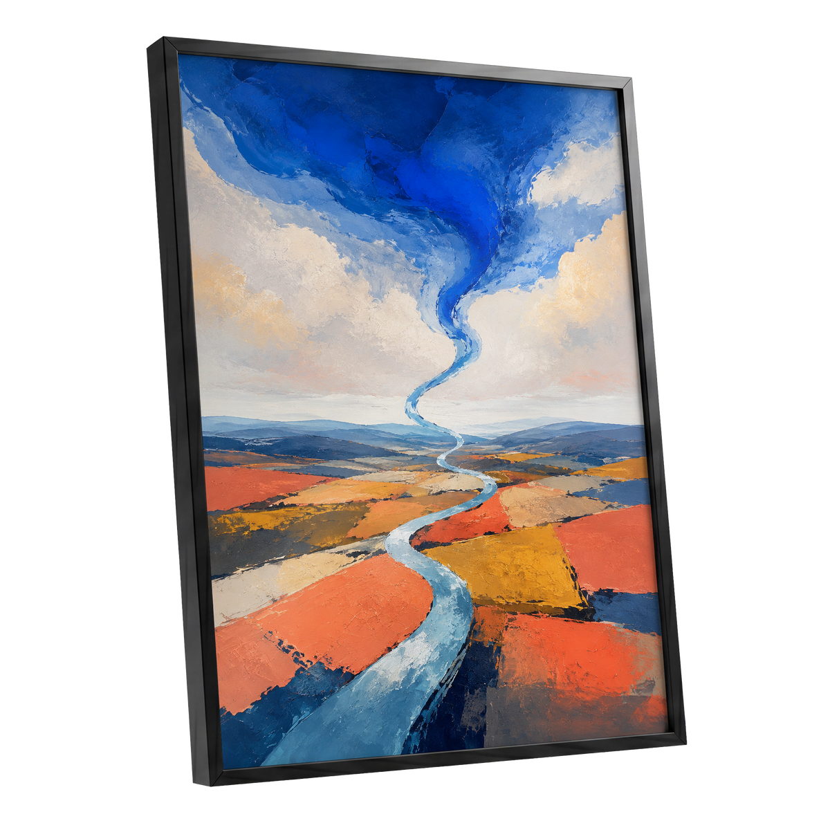 Where River Meets Sky, blue, orange, beige nature wall art shown as a black framed poster wall art print