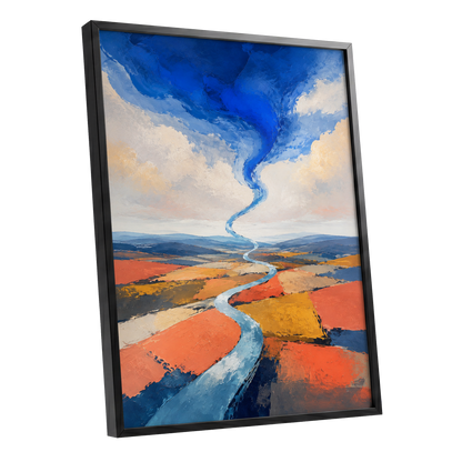 Where River Meets Sky, blue, orange, beige nature wall art shown as a black framed poster wall art print