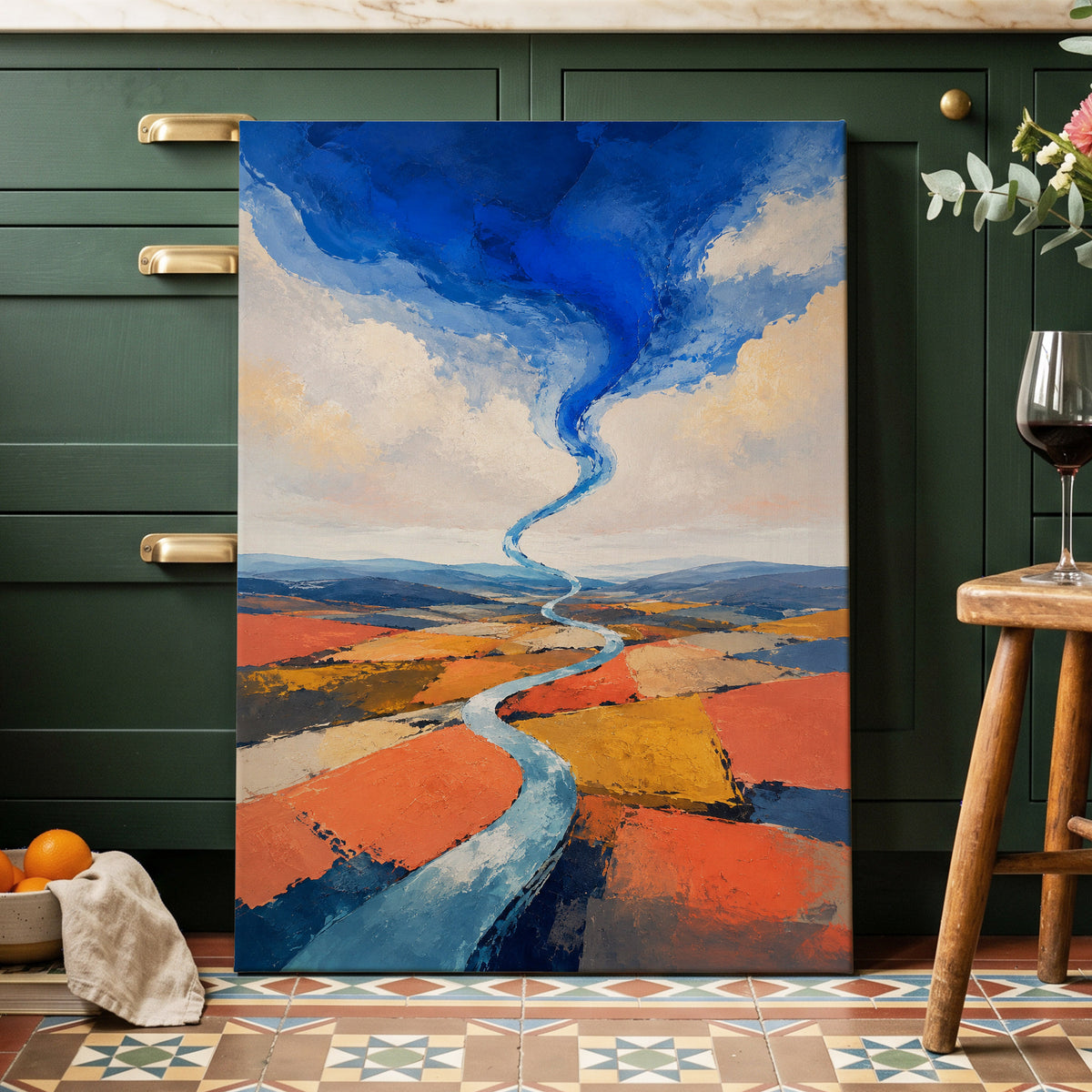 Where River Meets Sky, blue, orange, beige nature wall art on canvas displayed in a styled interior, gallery view 1