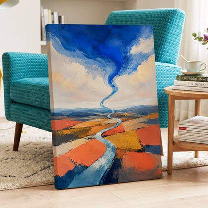 Where River Meets Sky, blue, orange, beige nature wall art on canvas displayed in a styled interior, gallery view 2
