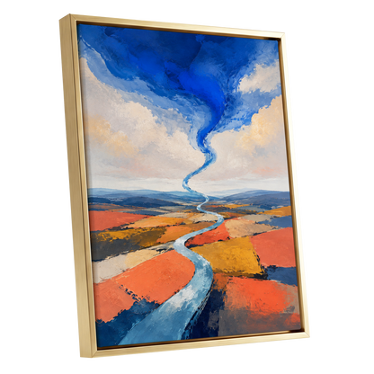 Where River Meets Sky, blue, orange, beige nature wall art shown as a gold framed canvas wall art