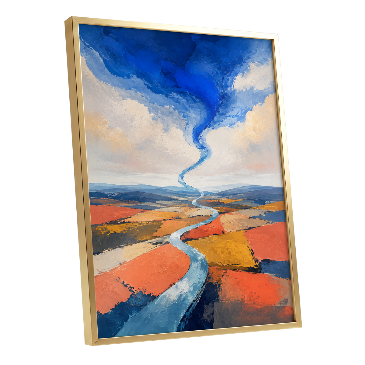 Where River Meets Sky, blue, orange, beige nature wall art shown as a gold framed poster wall art print