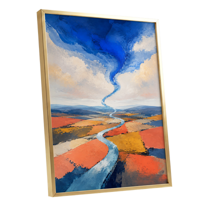Where River Meets Sky, blue, orange, beige nature wall art shown as a gold framed poster wall art print