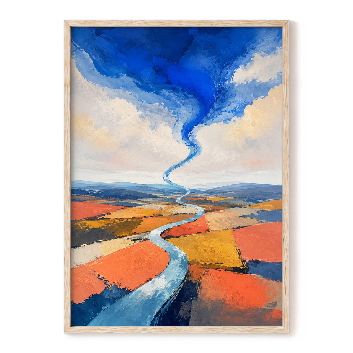 Where River Meets Sky, blue, orange, beige nature wall art, front artwork view