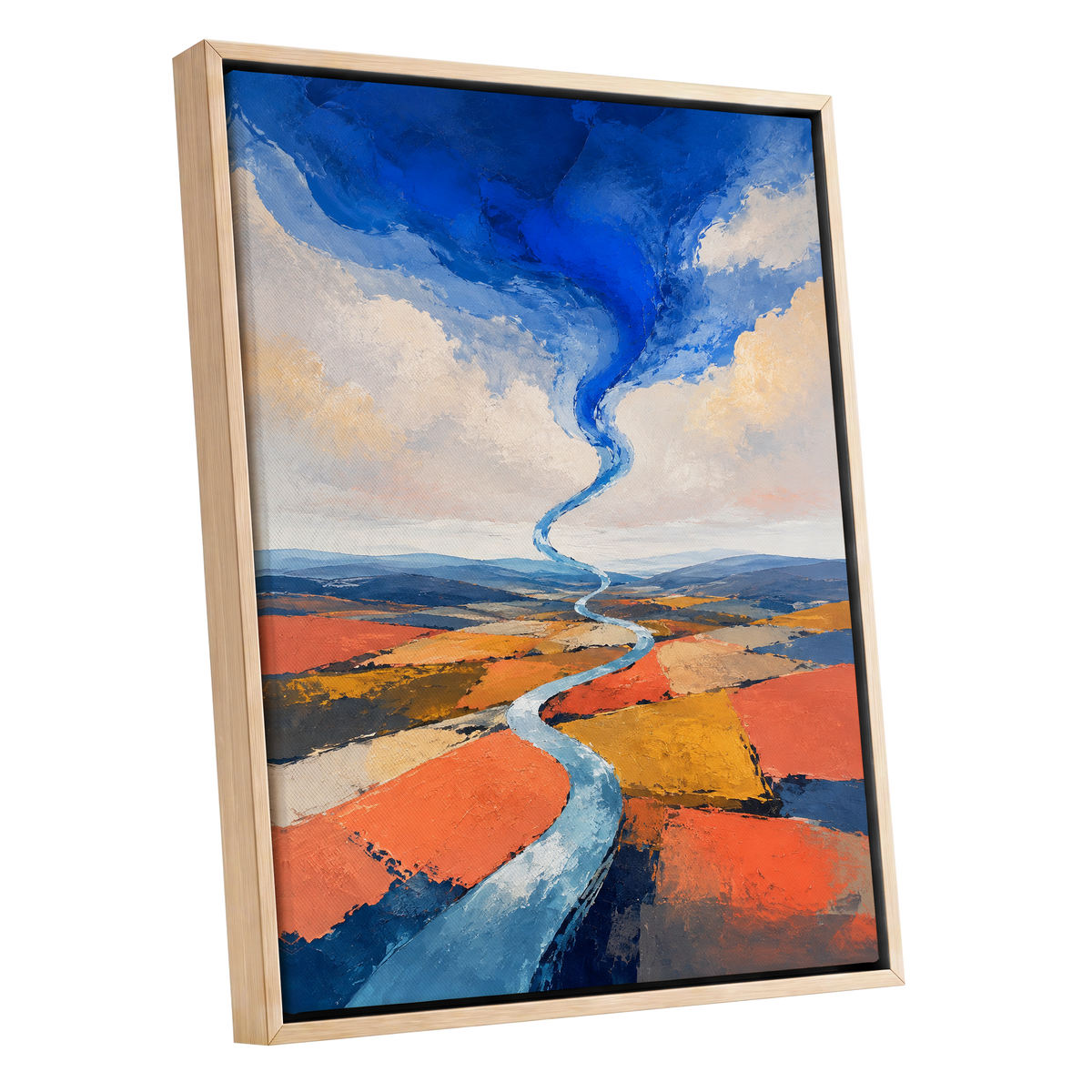 Where River Meets Sky, blue, orange, beige nature wall art shown as a oak framed canvas wall art